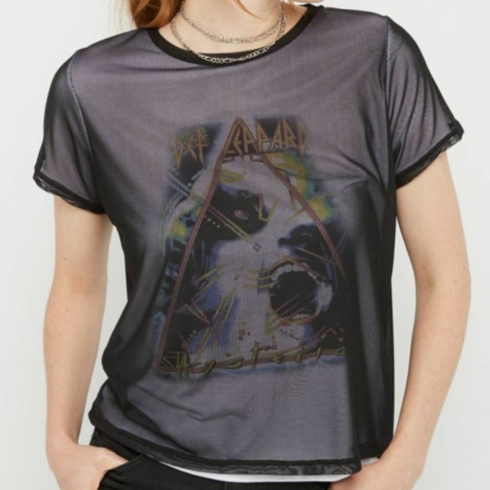 Def Leppard Womens Size Small Graphic Band Tee Short Sleeve Top Black Mesh Shirt
